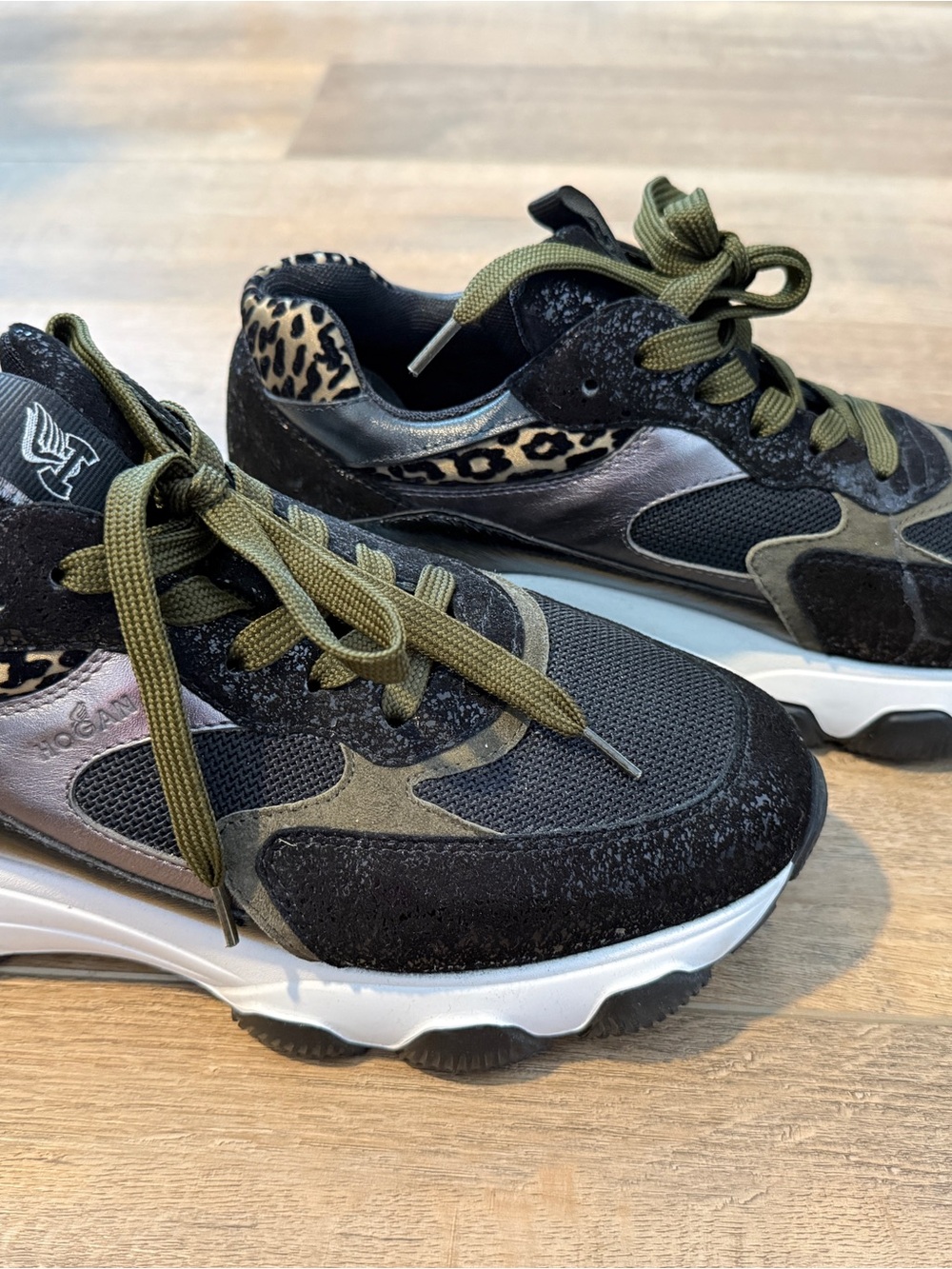 Hogan Black and Olive Green Dad Sneakers with Leopard Trim, Size 40 (US 10) - Picture 3 of 8